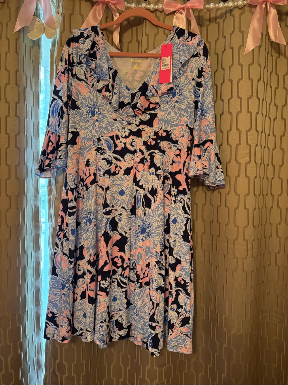 Lilly Pulitzer Navy Dress with Pink & Light Blue Floral Print